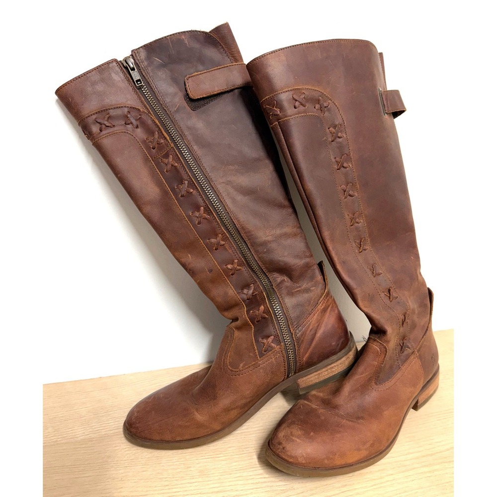BORN Leather Knee High Boots Brown Side‎ Zip  Women's Size 7.5